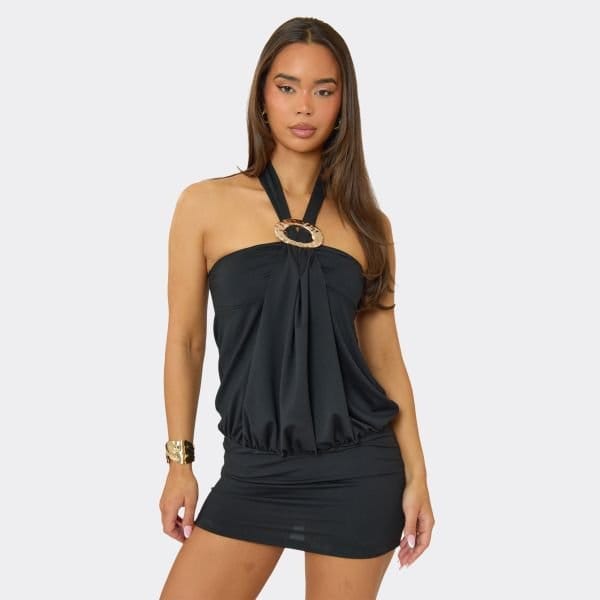 EGO Halterneck Gold Trim Detail Drape Mini Dress In Black, Women's Size UK Large L - 2