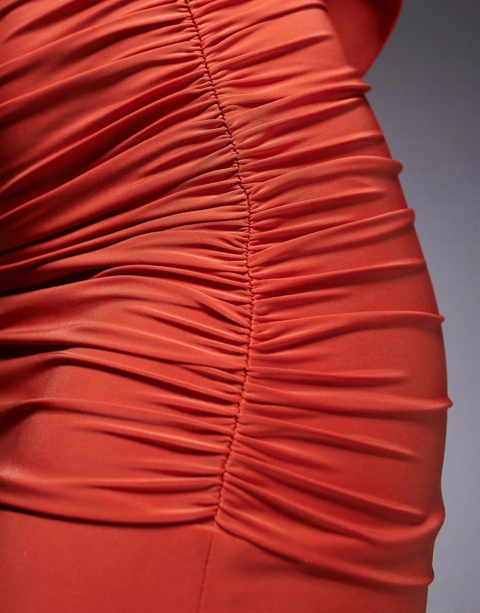 ASOS Fashionkilla double sculpted slinky ruched waist mermaid hem maxi skirt co-ord in orange - 4