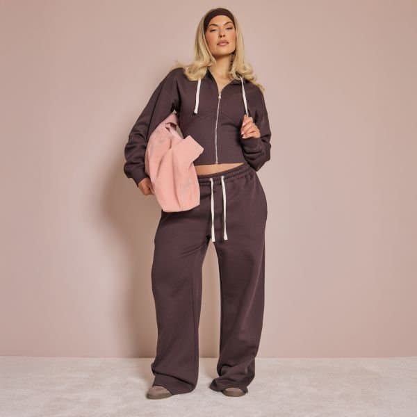 EGO Contrast Drawstring Waist Wide Leg Joggers In Chocolate Brown, Women's Size UK 6