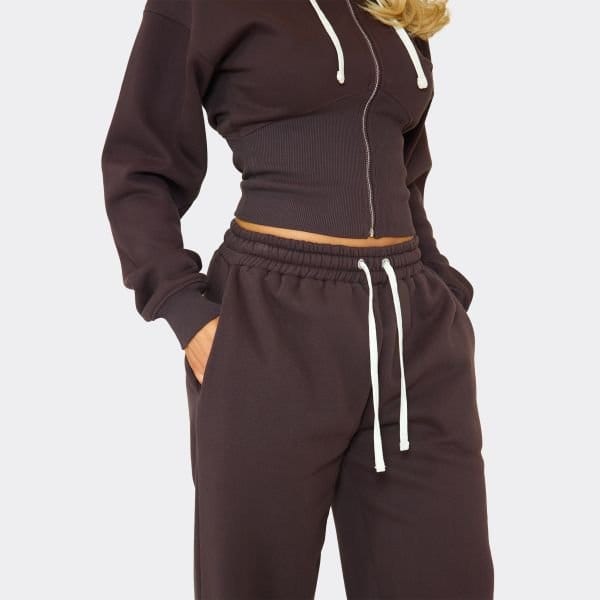 EGO Contrast Drawstring Waist Wide Leg Joggers In Chocolate Brown, Women's Size UK 6 - 2
