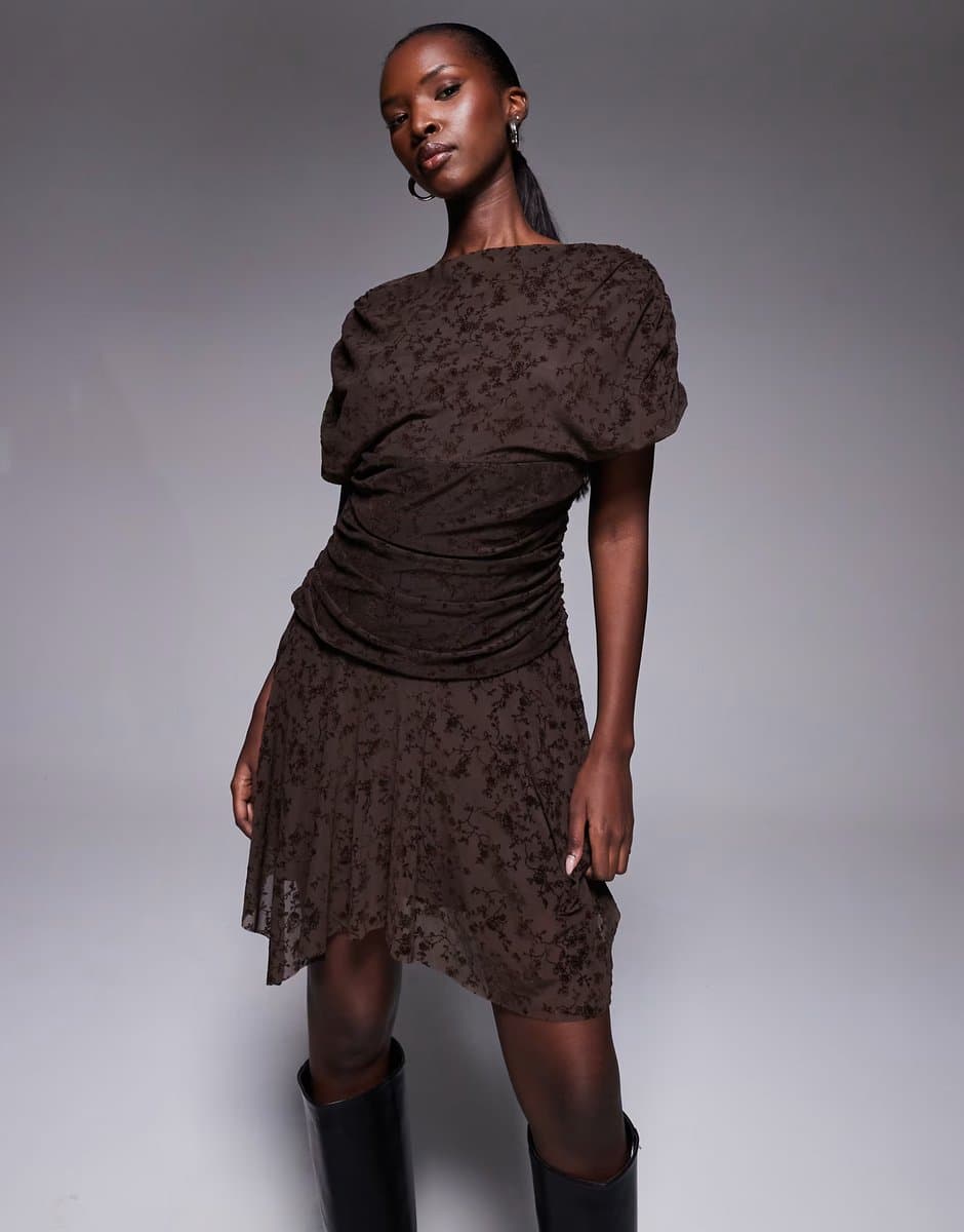 ASOS ASOS DESIGN devore short sleeve drapey mini dress in chocolate