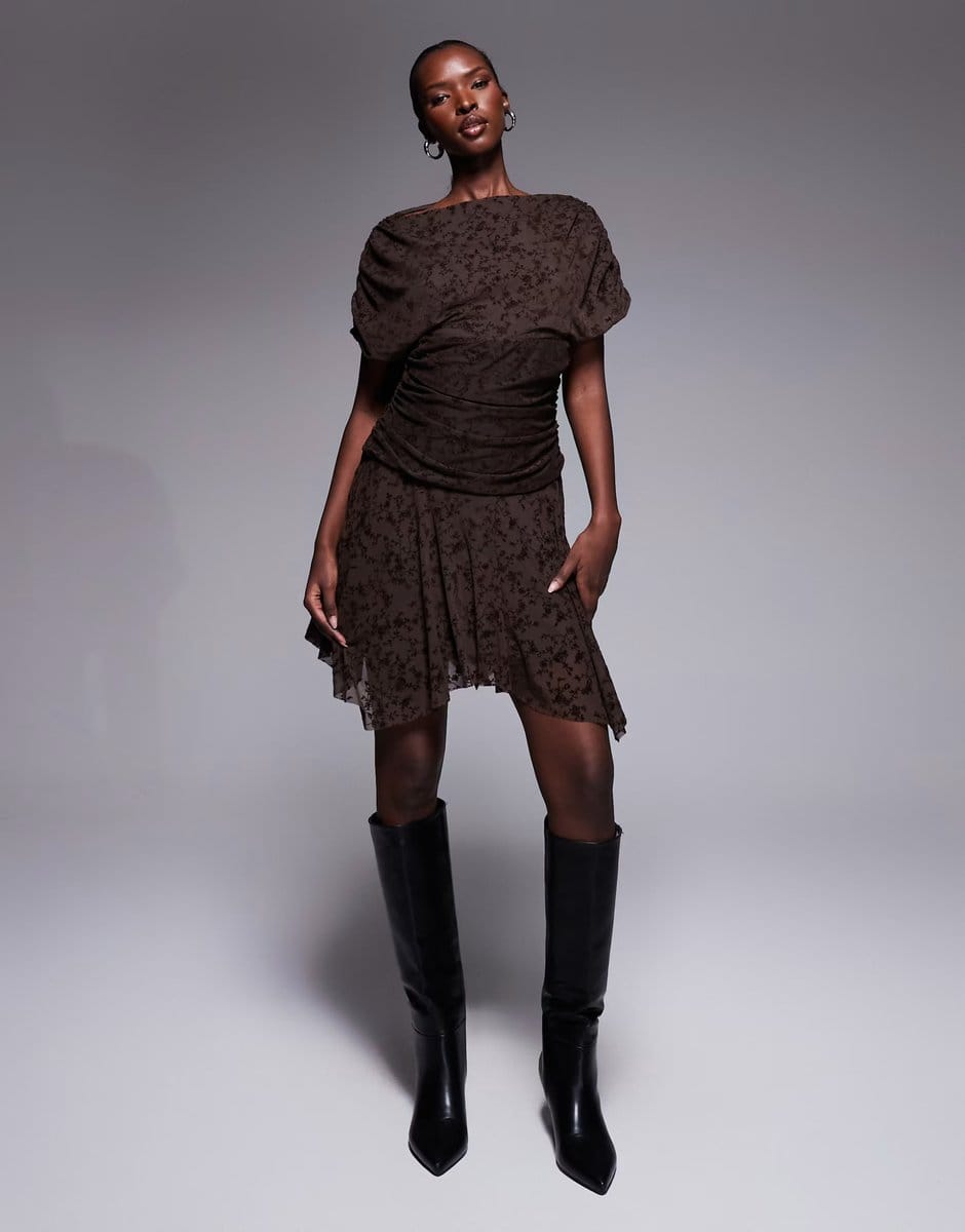 ASOS ASOS DESIGN devore short sleeve drapey mini dress in chocolate - 4