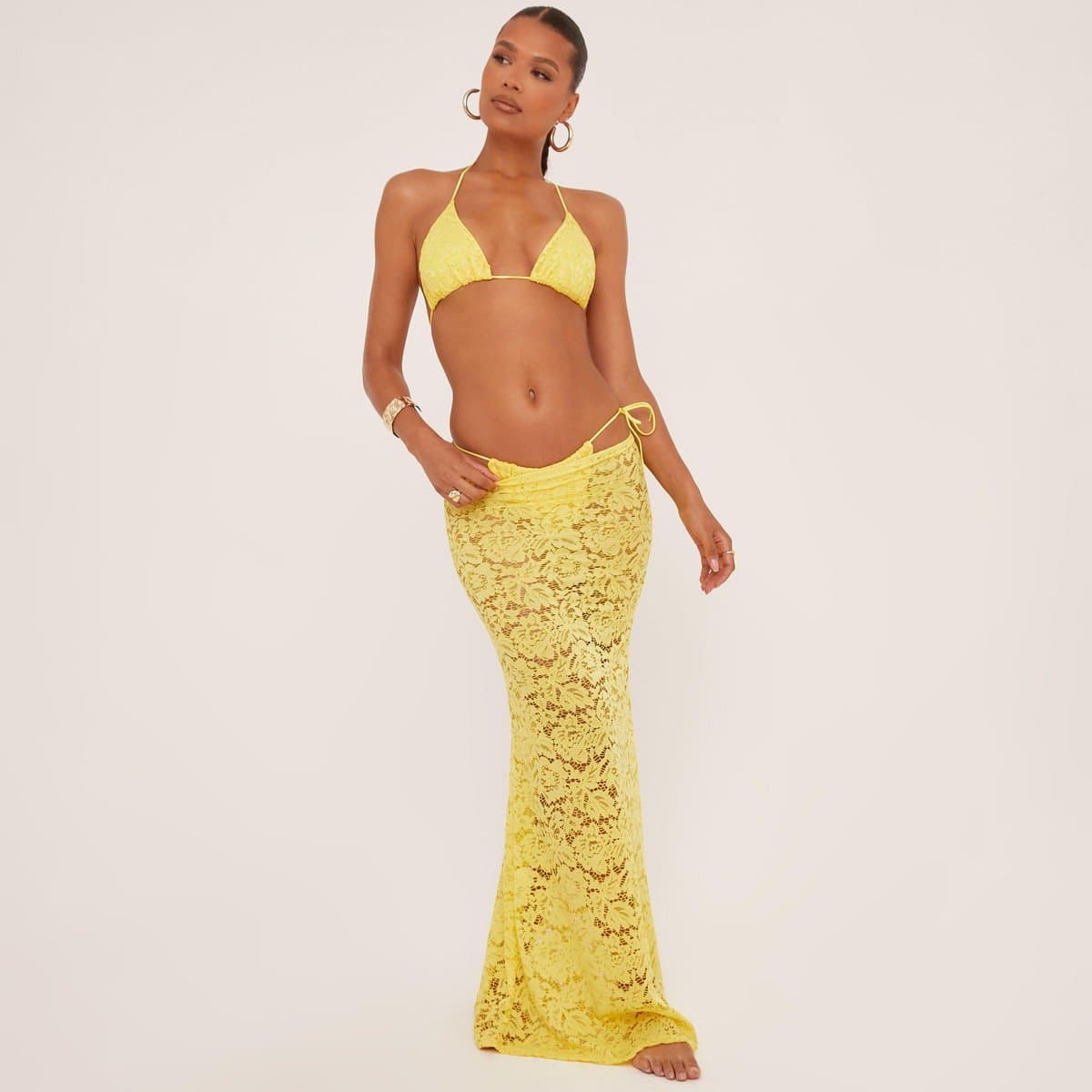 EGO Low Rise Lace Detail Maxi Beach Skirt In Yellow, Women's Size UK 6