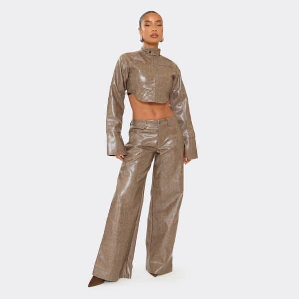 EGO Low Rise Wide Leg Trousers In Brown Faux Leather, Women's Size UK 6