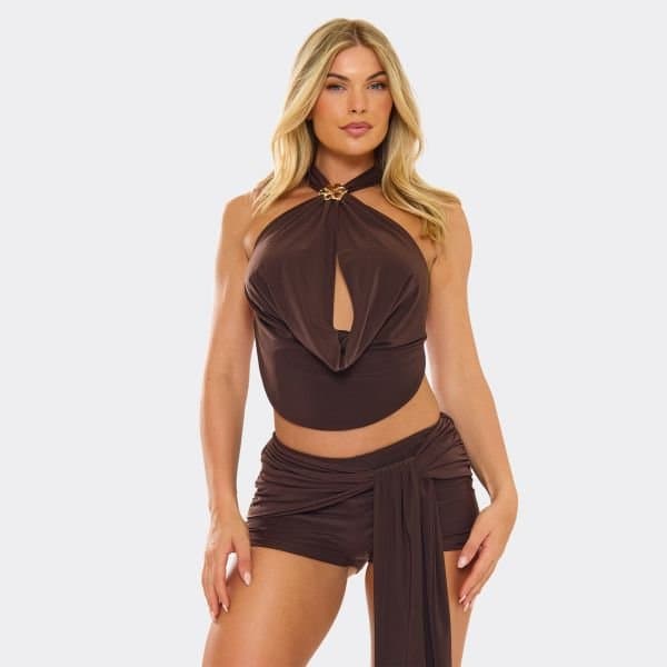 EGO EGO Cowl Halterneck Flower Trim Top in Brown