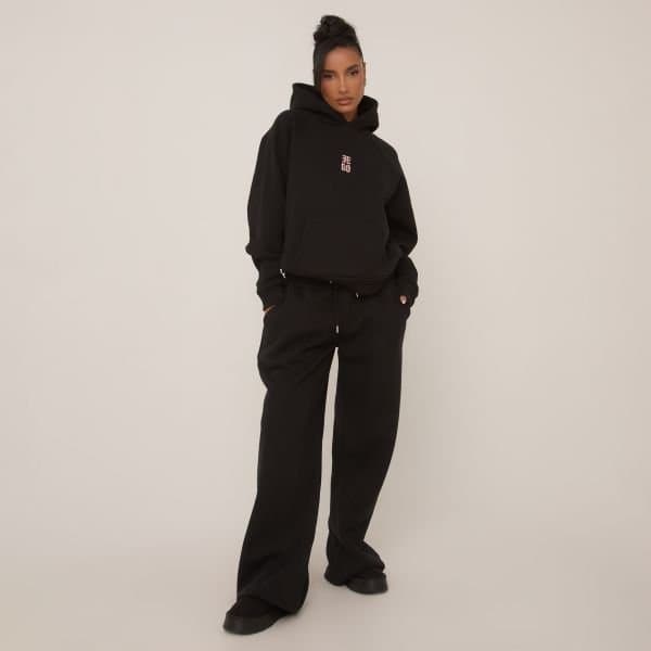 EGO Pink Glitter Ego Graphic Wide Leg Joggers In Black, Women's Size UK 4