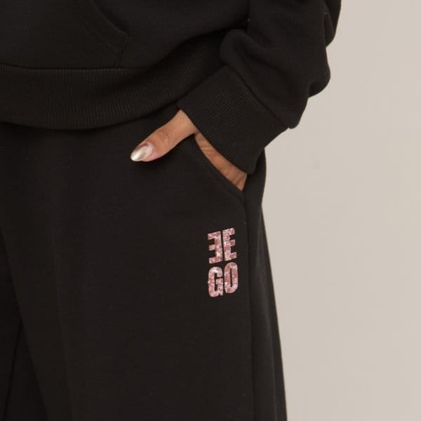 EGO Pink Glitter Ego Graphic Wide Leg Joggers In Black, Women's Size UK 4 - 2