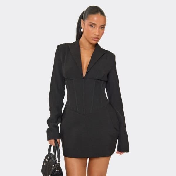 EGO Long Sleeve Corset Detail Blazer Dress In Black, Women's Size UK 6