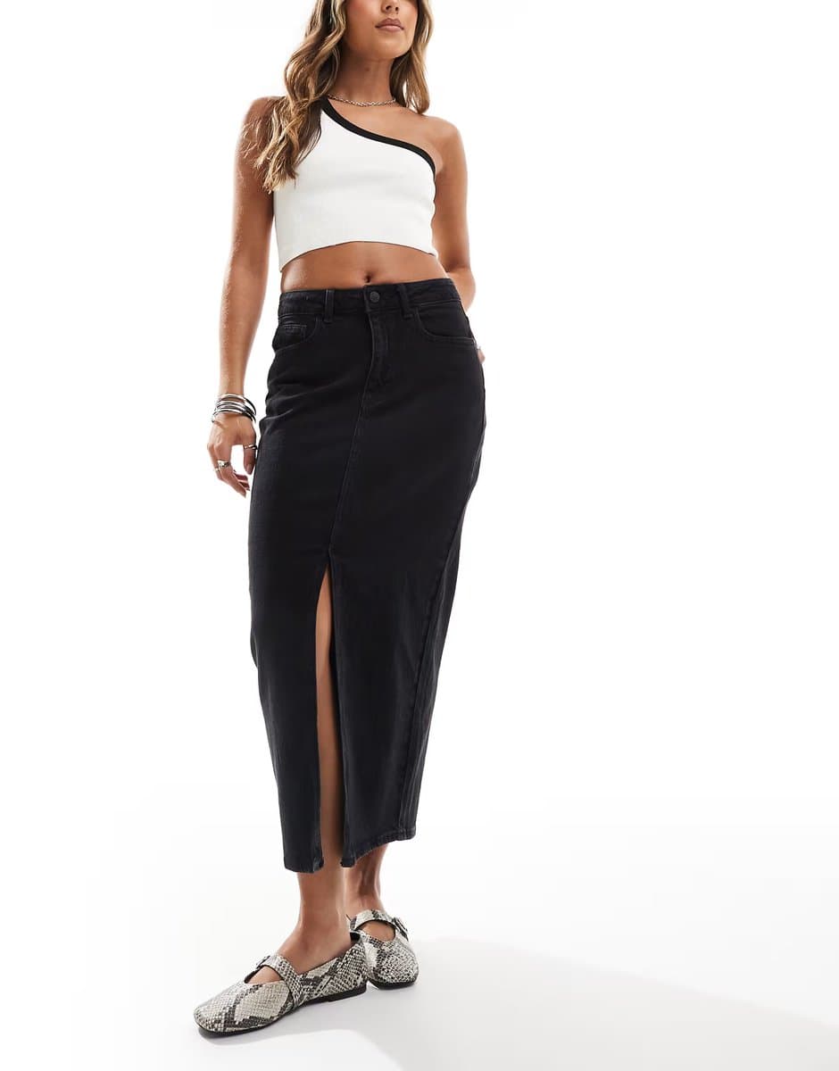 ASOS Vila high waisted denim front split midi skirt in black wash
