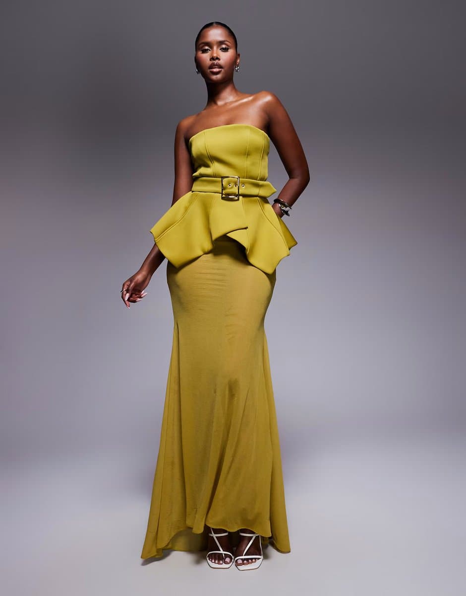 ASOS ASOS DESIGN Premium bodice maxi dress with cinched belt detail and sheer skirt in green scuba-style fabric
