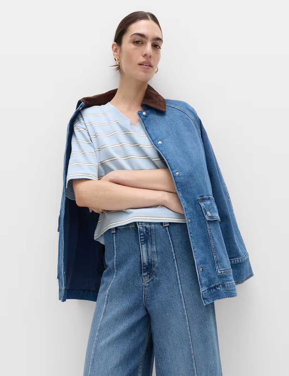 Marks & Spencer M&S Pure Cotton Heavyweight V-Neck Top Blue Mix