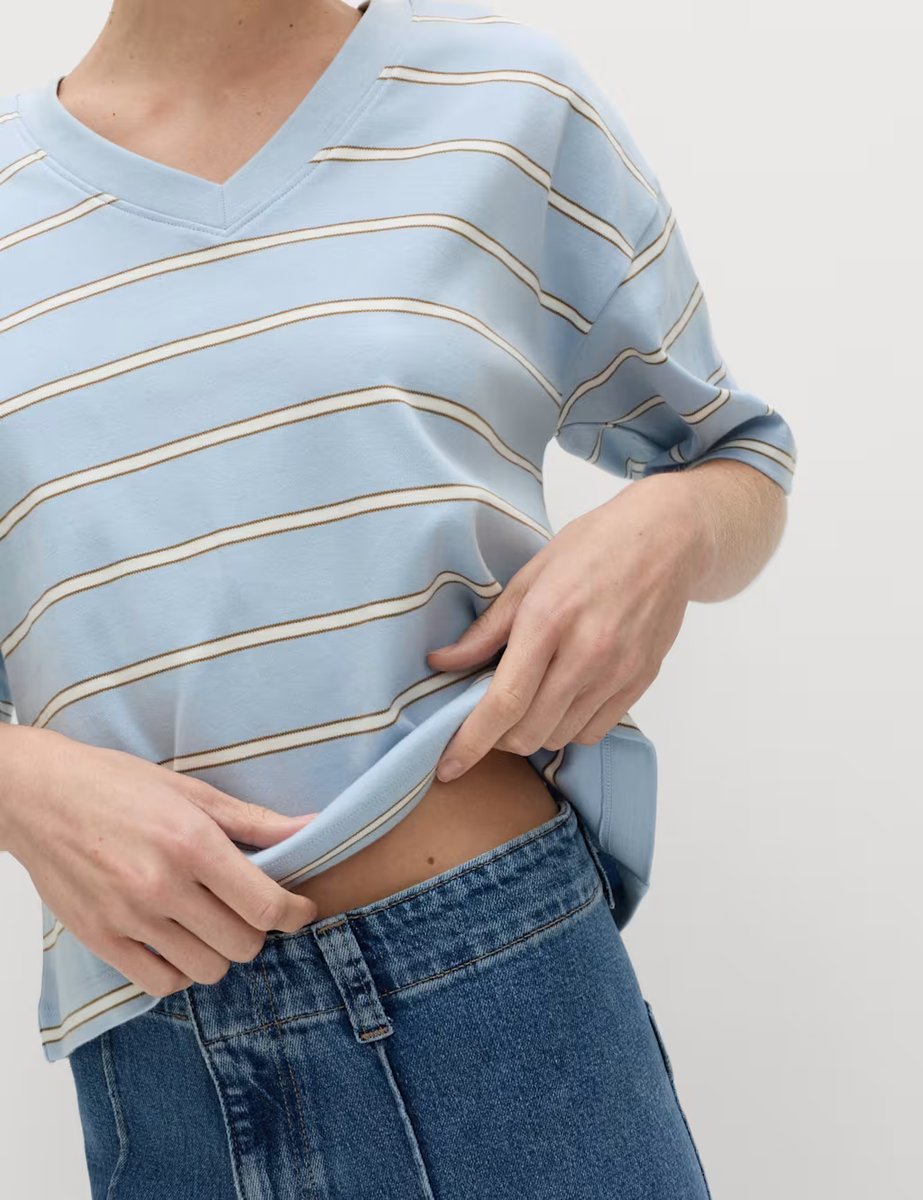 Marks & Spencer M&S Pure Cotton Heavyweight V-Neck Top Blue Mix - 2