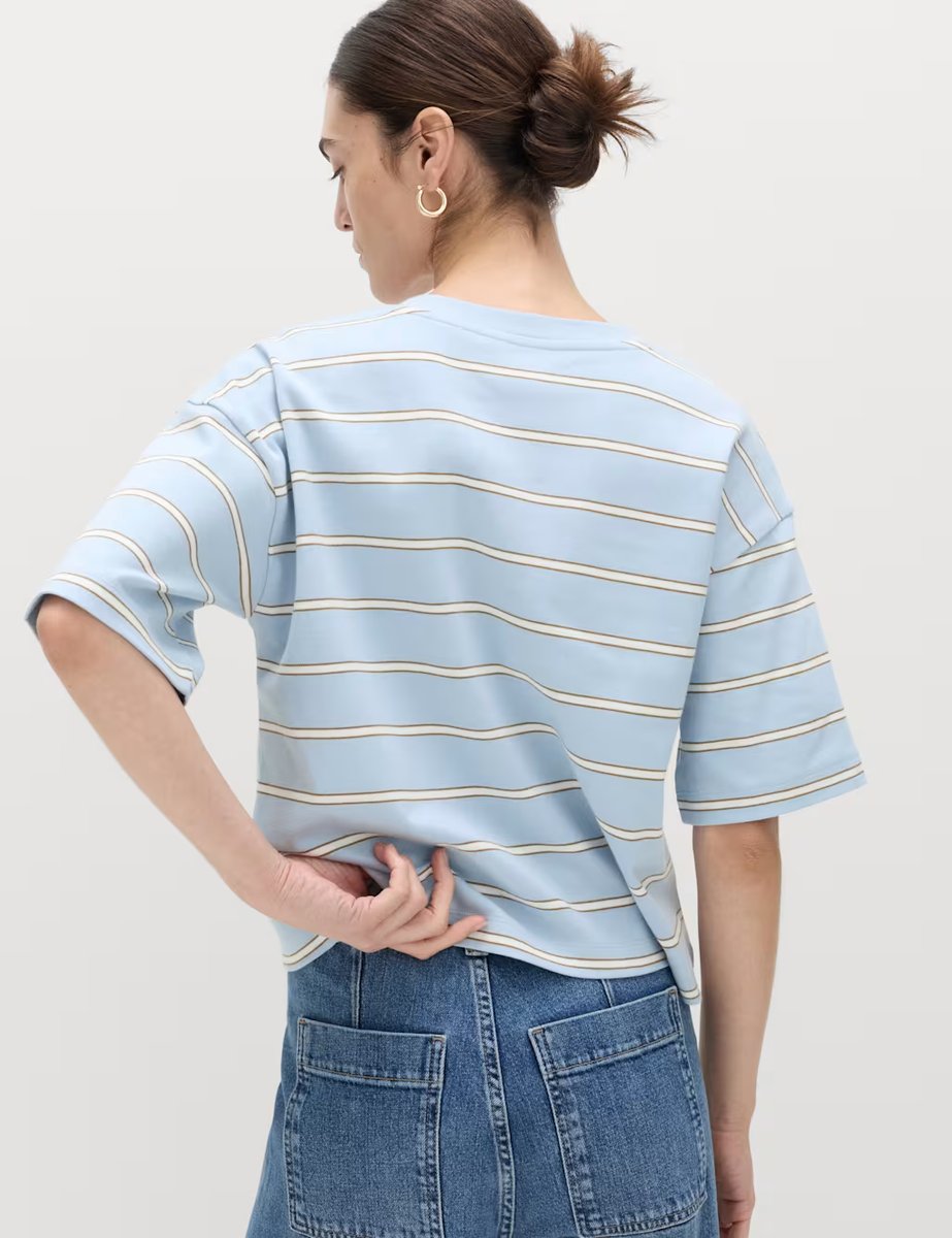 Marks & Spencer M&S Pure Cotton Heavyweight V-Neck Top Blue Mix - 3