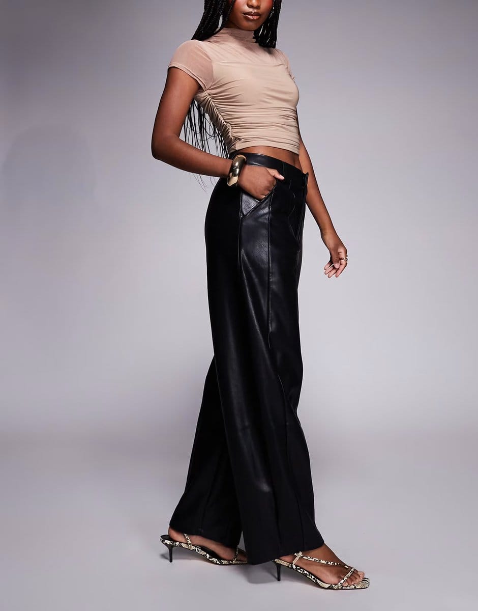 ASOS ASOS DESIGN leather look seam detail barrel leg trouser in black - 4