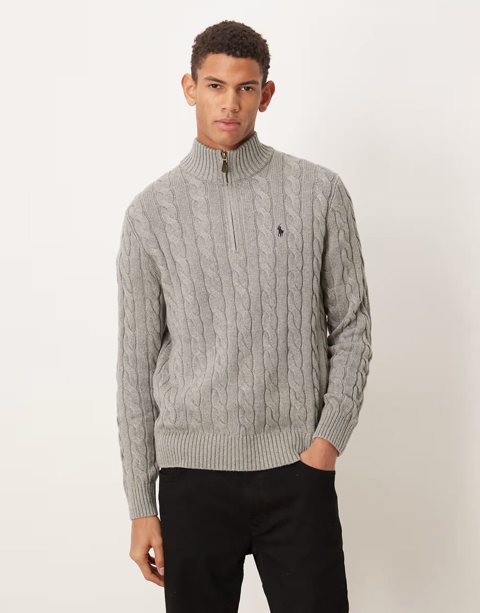 ASOS Polo Ralph Lauren Driver icon logo cotton cable half zip knit jumper in grey marl