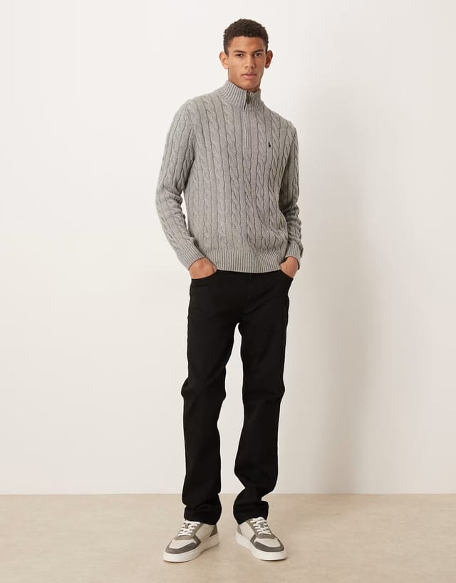 ASOS Polo Ralph Lauren Driver icon logo cotton cable half zip knit jumper in grey marl - 2