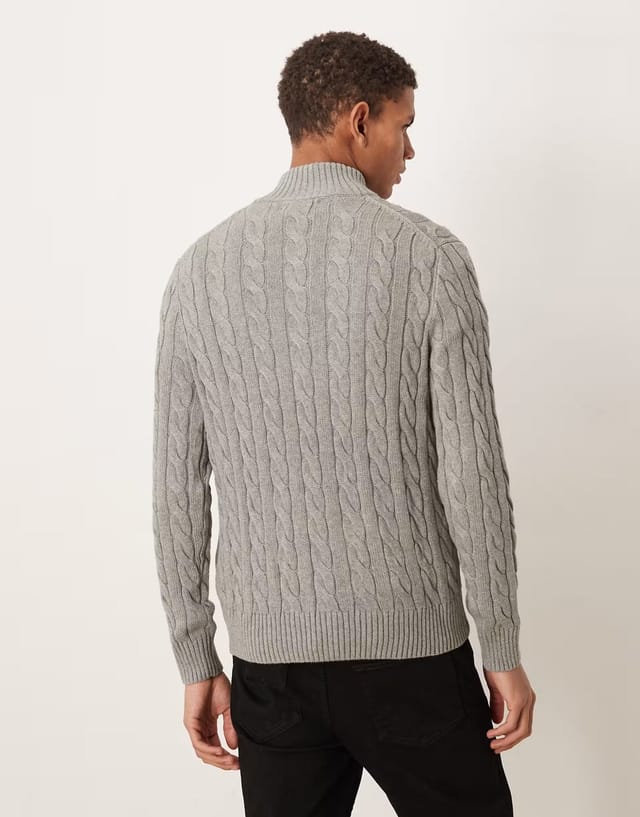 ASOS Polo Ralph Lauren Driver icon logo cotton cable half zip knit jumper in grey marl - 3