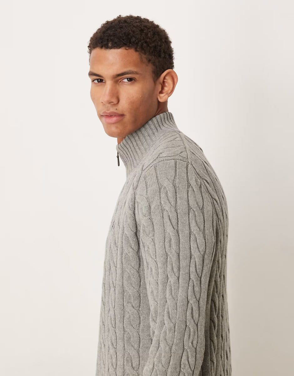 ASOS Polo Ralph Lauren Driver icon logo cotton cable half zip knit jumper in grey marl - 4