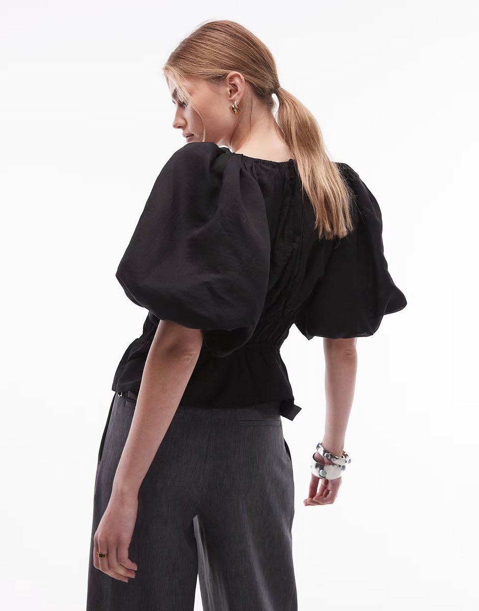 ASOS & Other Stories short sleeve volume blouse with statement puff sleeves and cinch waist in black - 3