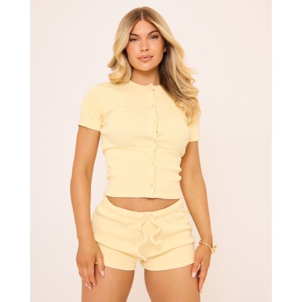 EGO Short Sleeve Button Up Front Fitted Top In Yellow Ribbed, Women's Size UK 12 - 2