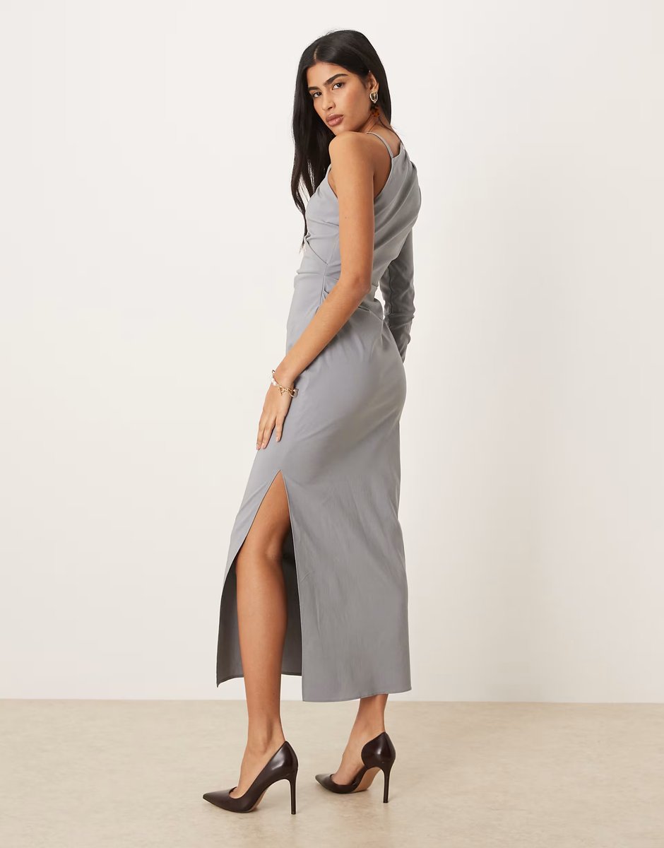ASOS ASOS DESIGN one shoulder draped midi dress in grey - 3