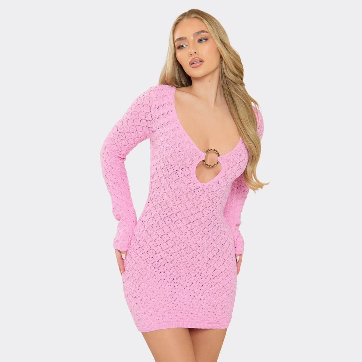 EGO Long Sleeve Trim Detail Mini Dress In Pink Crochet Knit, Women's Size UK L