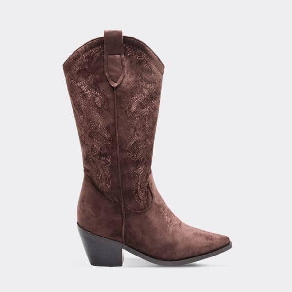 EGO Secret Embroidered Detail Mid Calf Western Cowboy Boot In Brown Faux Suede, Women's Size UK 3 - 1