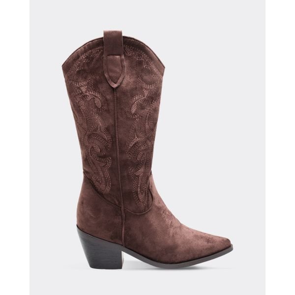 EGO Secret Embroidered Detail Mid Calf Western Cowboy Boot In Brown Faux Suede, Women's Size UK 3 - 2