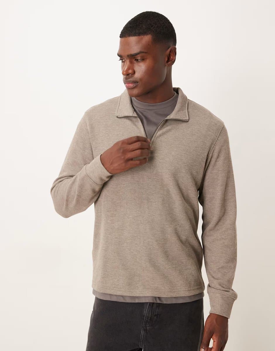 ASOS Mango quarter zip knitted jumper in latte