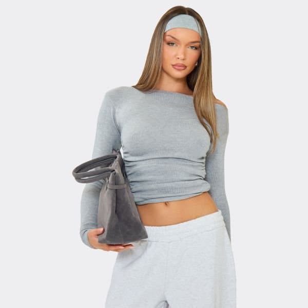EGO EGO Asymmetric Ruched Side Detail Top with Long Sleeve in Grey