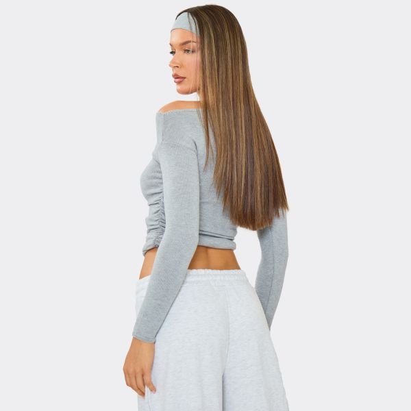 EGO Long Sleeve Asymmetric Ruched Side Detail Top In Grey Knit, Women's Size UK Large L - 2