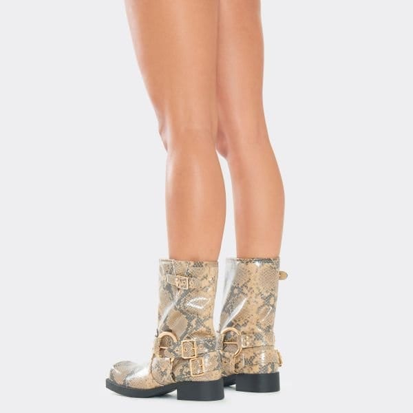 EGO Elsanna Ring Detail Ankle Biker Boot In Snake Print Faux Leather, Women's Size UK 3 - 2