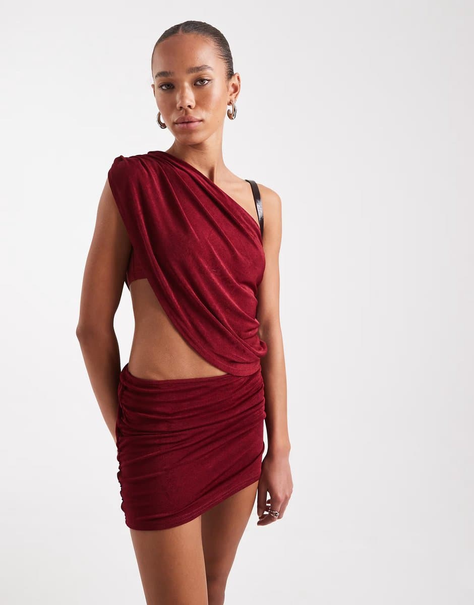 ASOS Edikted Fiora one shoulder cutout minidress in burgundy