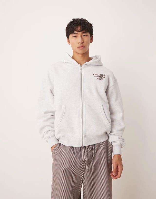ASOS Cotton On Cropped zip up graphic hoodie in grey - 2