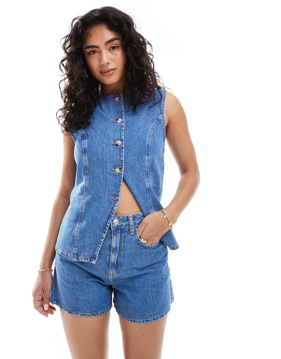 ASOS ASOS DESIGN denim longline A line short in mid blue co-ord