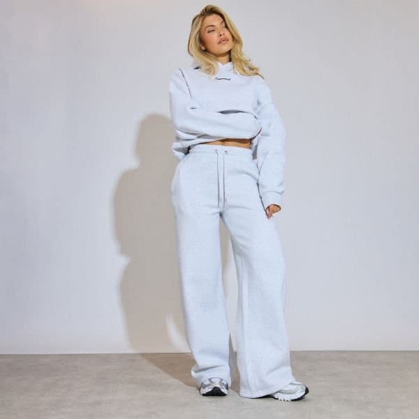 EGO Low Rise Essential Graphic Wide Leg Joggers In Light Grey Marl, Women's Size UK 6