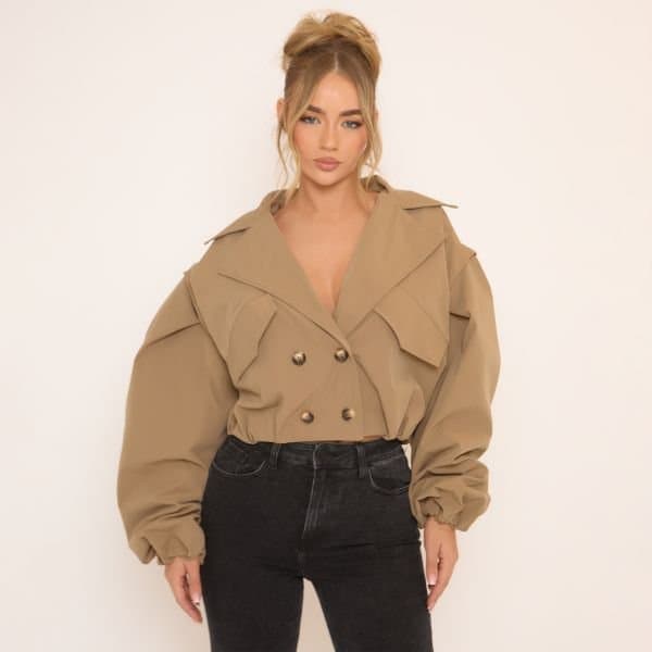 EGO Long Sleeve Cropped Detail Trench Coat In Beige, Women's Size UK 6