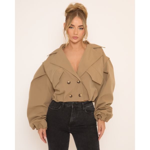 EGO Long Sleeve Cropped Detail Trench Coat In Beige, Women's Size UK 6 - 2