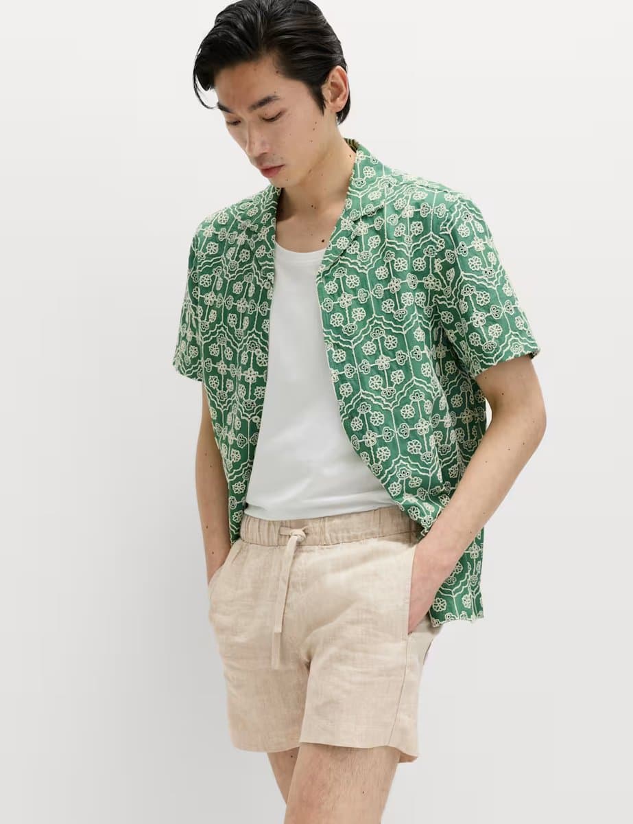 Marks & Spencer M&S Elegant Embroidered Short Sleeve Shirt in Emerald