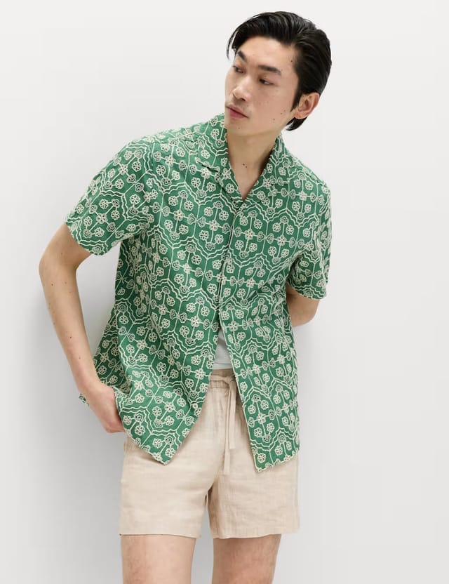 Marks & Spencer M&S Pure Cotton Embroidered Short Sleeve Shirt Emerald - 2
