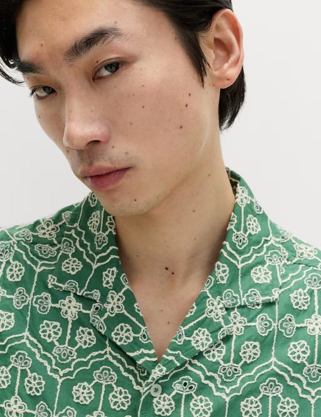 Marks & Spencer M&S Pure Cotton Embroidered Short Sleeve Shirt Emerald - 3