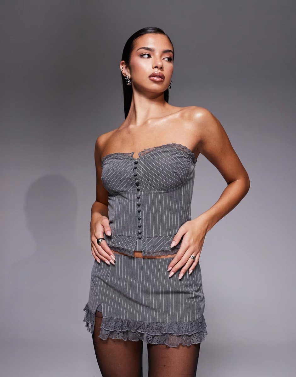 ASOS Edikted Mona lacey co-ord pinstripe strapless corset top in grey