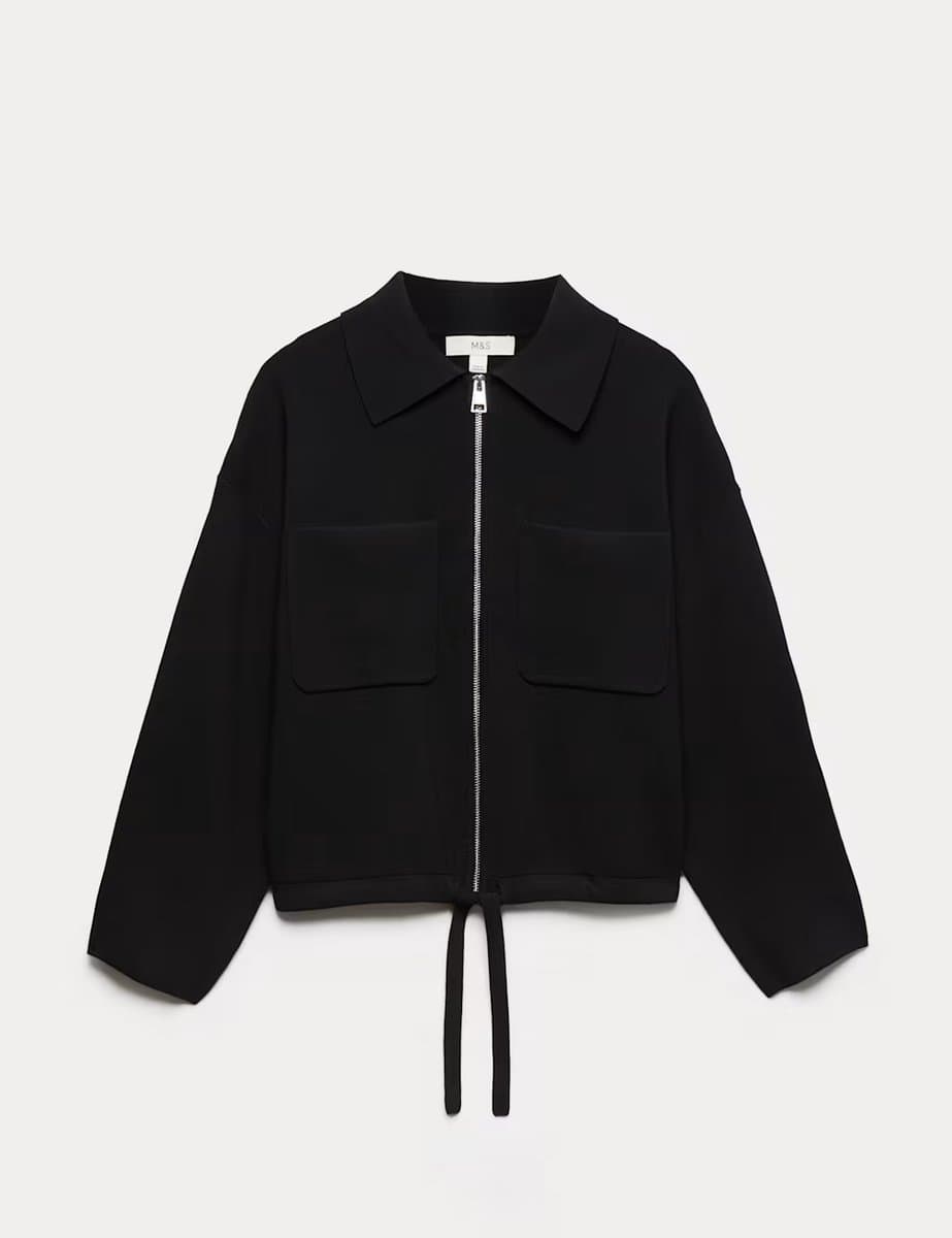 Marks & Spencer M&S Collared Zip Up Relaxed Knitted Jacket Black