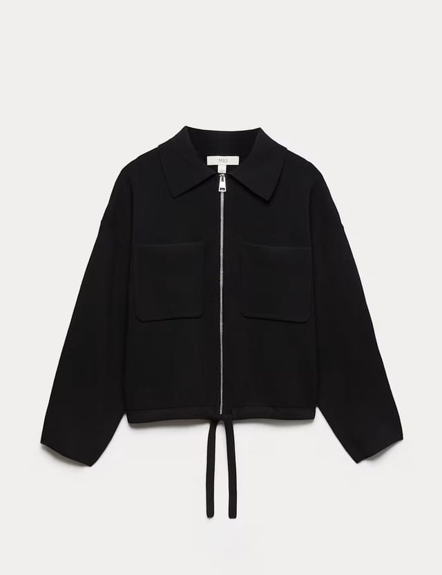 Marks & Spencer M&S Collared Zip Up Relaxed Knitted Jacket Black - 2