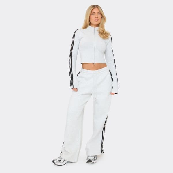 EGO Mid Rise Tie Waist Detail Contrast Stripe Wide Leg Jogger In Grey Marl, Women's Size UK 6