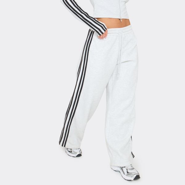 EGO Mid Rise Tie Waist Detail Contrast Stripe Wide Leg Jogger In Grey Marl, Women's Size UK 6 - 2