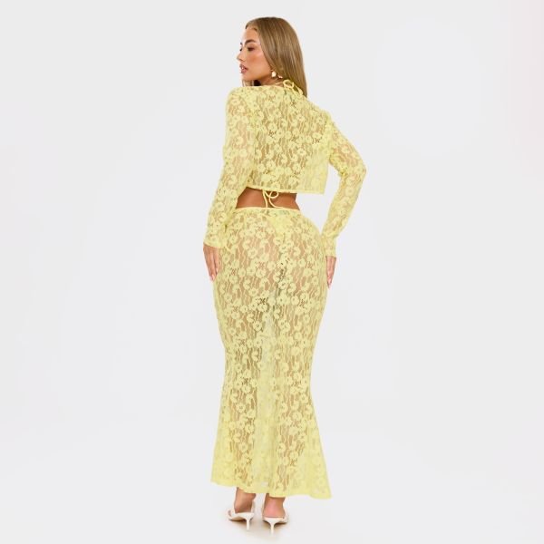 EGO Dipped Waist Ruched Front Maxi Skirt In Yellow Lace, Women's Size UK 6 - 2