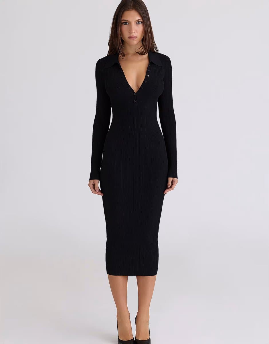 ASOS House of CB Sabra long sleeve midi dress in black - BLACK