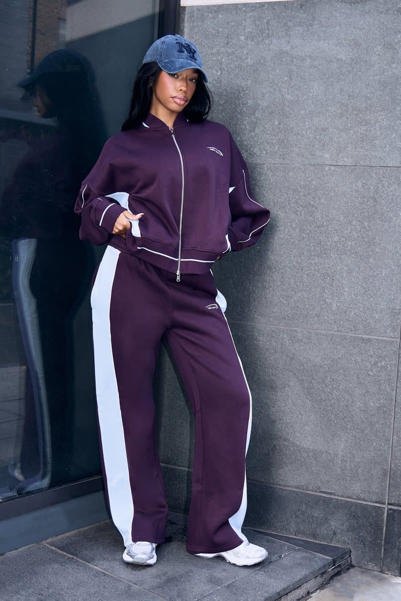 Kaiia Kaiia Contrast Wide Leg Joggers Burgundy & Baby Blue