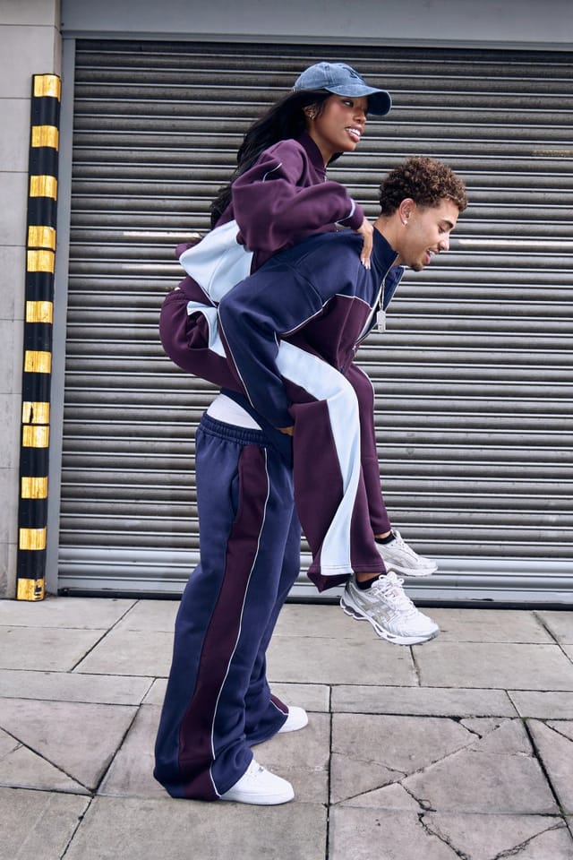 Kaiia Kaiia Contrast Wide Leg Joggers Burgundy & Baby Blue - 2